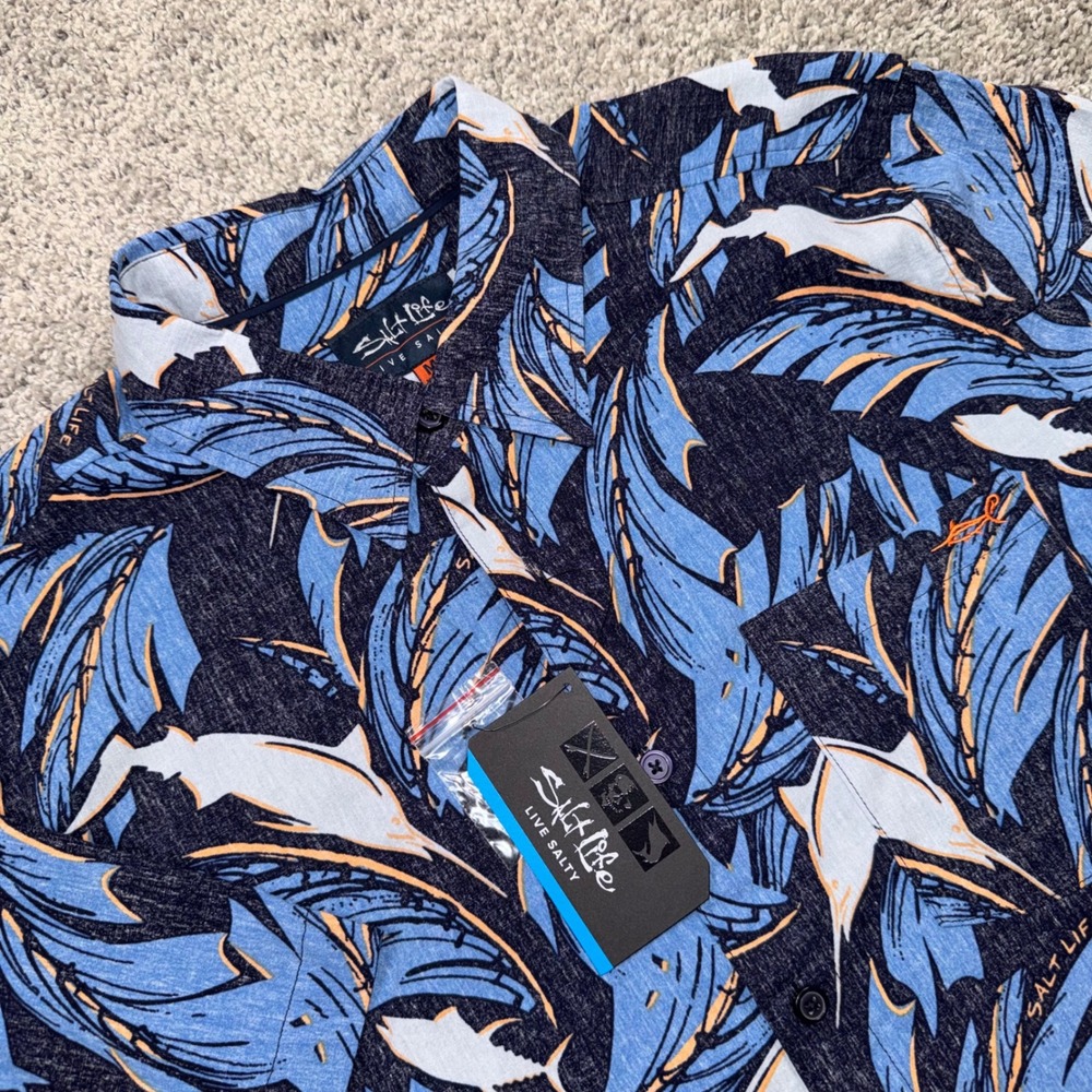 Salt Life Button Up Shirt Mens Tropical Shark Print Midnight Blue Medium NEW